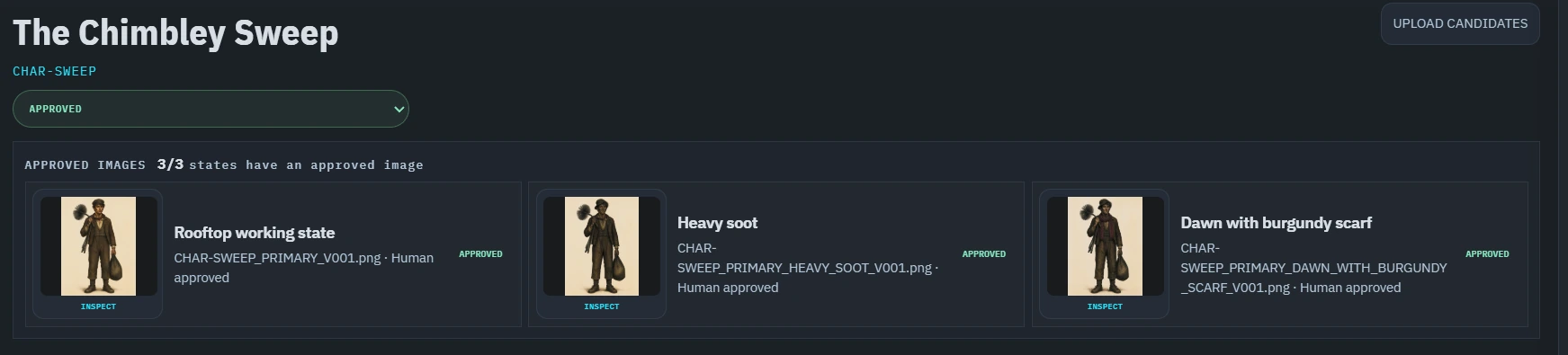 The Chimbley Sweep character with three approved states: rooftop working state, heavy soot, and dawn with a burgundy scarf.