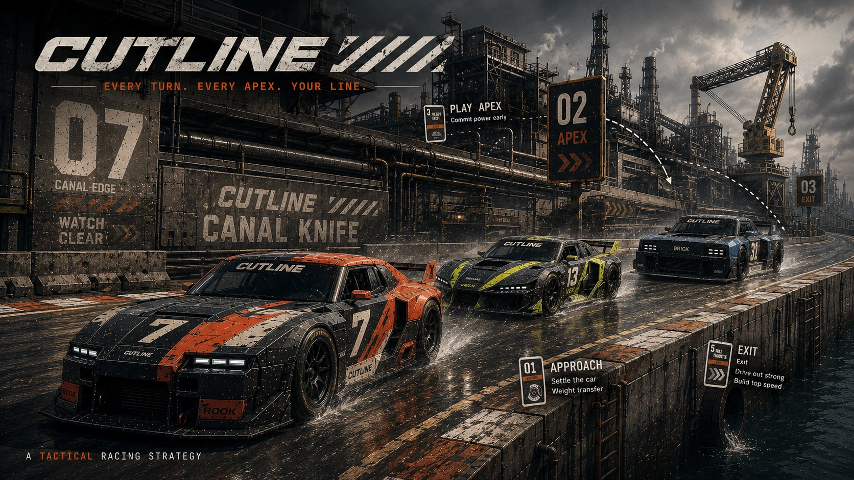 A wet industrial canal circuit under storm light: three liveried race cars running between refinery structures and painted concrete walls, in a heavy screenprint texture. Its title and strapline are set into the upper left.