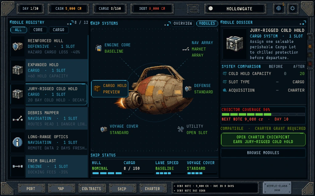The ship screen: a module registry down the left, the vessel with its engine, navigation, defence and cargo systems labelled, and a dossier for the selected cargo module.