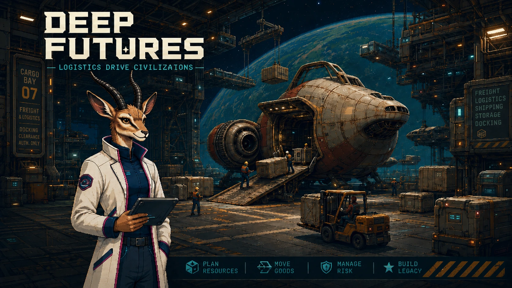 A warm painterly orbital cargo bay: a freighter mid-unload, crates on a ramp, a forklift, and a planet beyond the open bay doors. An antelope-like character in a white and navy coat stands in the foreground holding a tablet. Its title and strapline are set into the upper left.